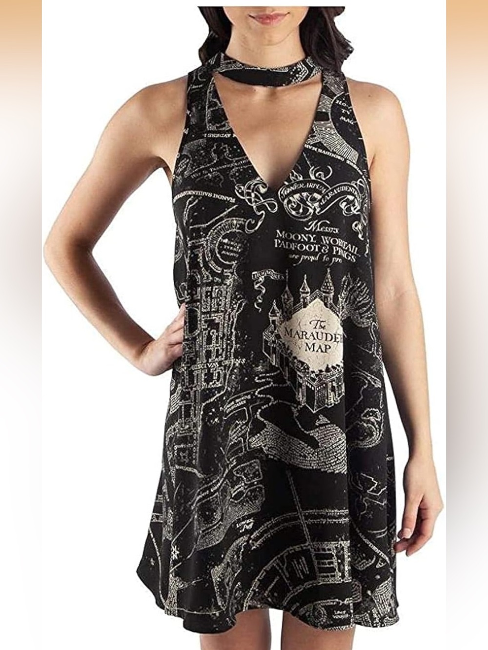 Bioworld Harry Potter NWT Marauders Map Juniors' Sleeveless Choker V-Neck Dress.